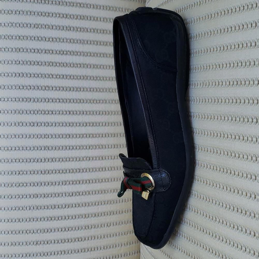 GUCCI GG WEB BLACK CANVAS LOAFERS FLATS - Picture 5 of 8